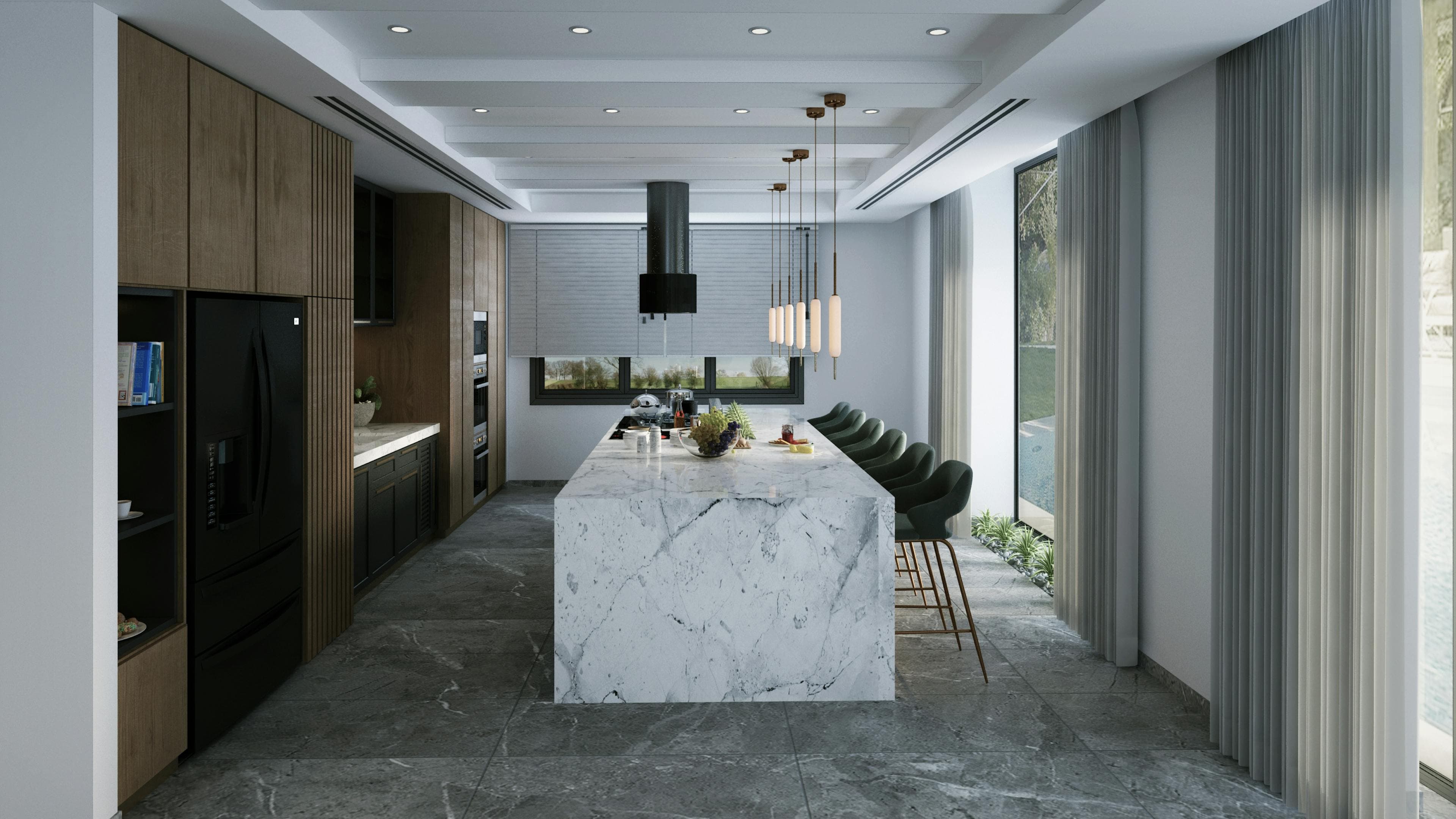 A dramatic open-concept kitchen with custom wood cabinetry, a marble waterfall island, and floor-to-ceiling windows, design-build remodeling by Bay State Remodeling in Greater Boston